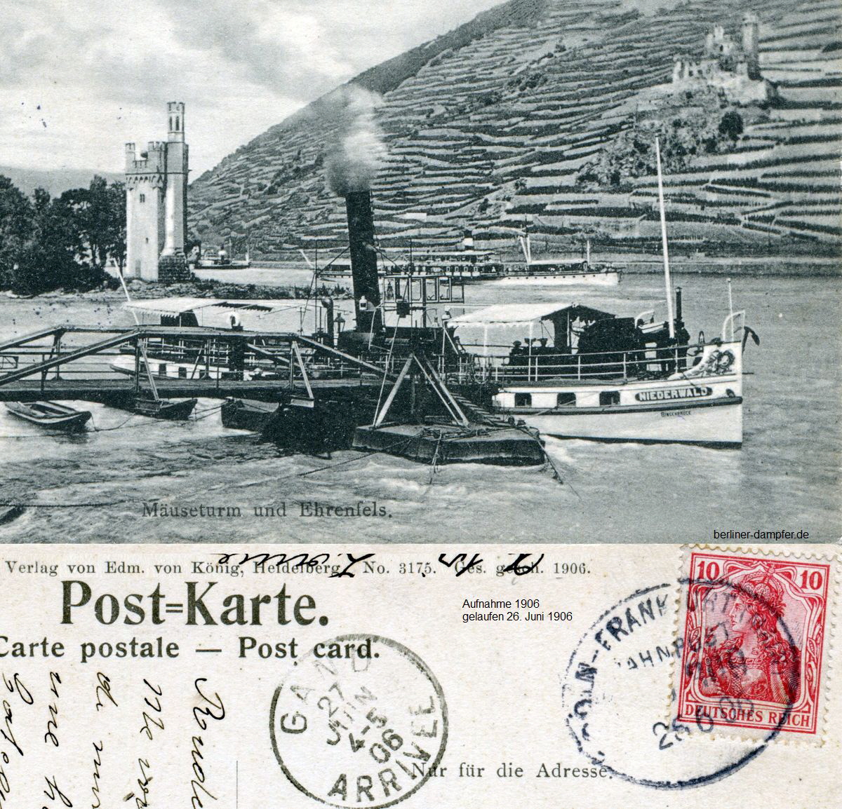 1906-06-26 Dampfer Niederwald vor Mäuseturm und Burg Ehrenfels klein