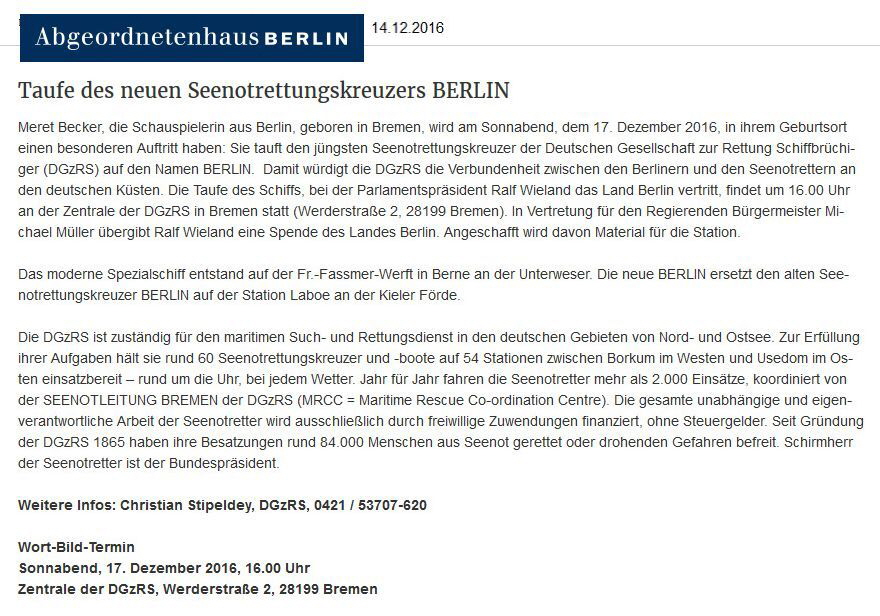 2016-12-14 Abgeordnetenhaus von Berlin – Taufe des neuen Seenotrettungskreuzers BERLIN